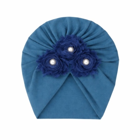 Caciulita bebelusi tip turban bleu cu floricele si perlute, moale si elastica, look premium fetite - Img 2