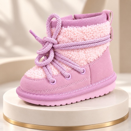 Cizme roz imblanite pentru fete SuperBaby din piele ecologica, talpa cauciuc, cu siret si fermoar, peste glezna, casual - Img 2