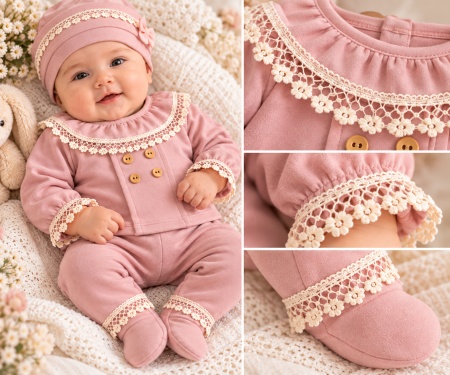 Costumas bebelusi fete 5 piese roz pudra cu dantela, bumbac 100% Superbebe Shop - Img 3