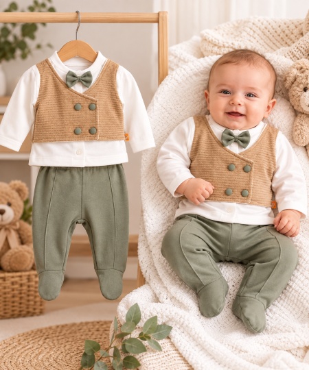 Costumas botez baieti 5 piese bej cu verde, camasa, pantaloni si papion, bumbac 100% - Img 2