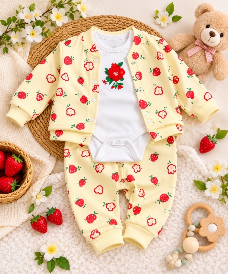 Costumas bumbac bebelusi 3 piese galben cu imprimeu fructe, bluza maneca lunga cu capse, pantaloni si caciulita Superbebe Shop - Img 3