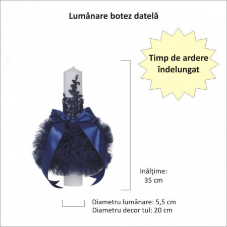 Lumanare botez eleganta cu tul, dantela si fundita, decor bleumarin, Denikos® 706 - Img 2