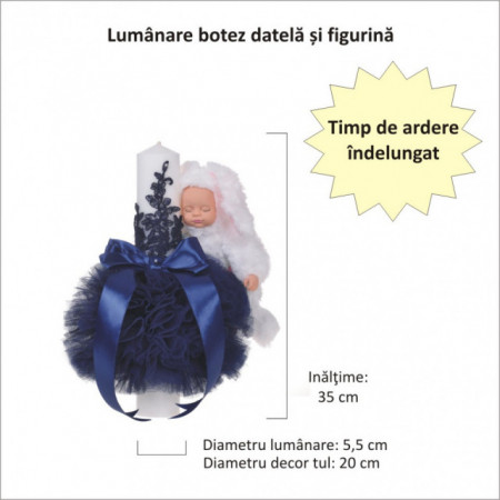 Lumanare botez jucarie iepuras pufos si dantela, decor bleumarin, Denikos® 716 - Img 2