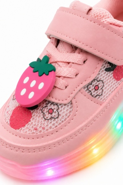 Pantofi sport cu lumini LED, model cu capsuni, Fete, Piele ecologica si textil, roz - Img 4