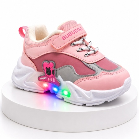 Pantofi sport cu luminite, Model Bubudoo, Piele ecologica, Fete, Roz - Img 4