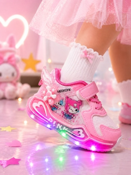 Pantofi sport cu luminite, Model cu holograma, Piele ecologica, Fete, Roz - Img 3