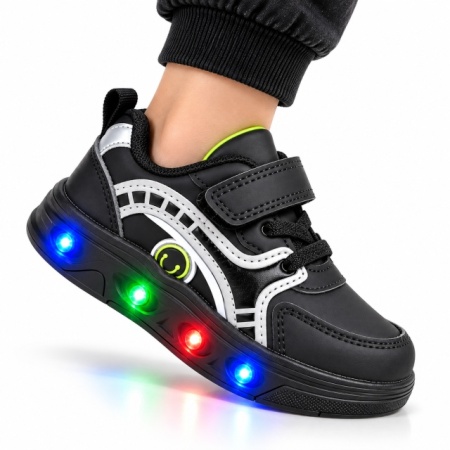 Pantofi sport cu luminite, Model Sporty Style 2, Piele ecologica, Baieti, Negru - Img 5