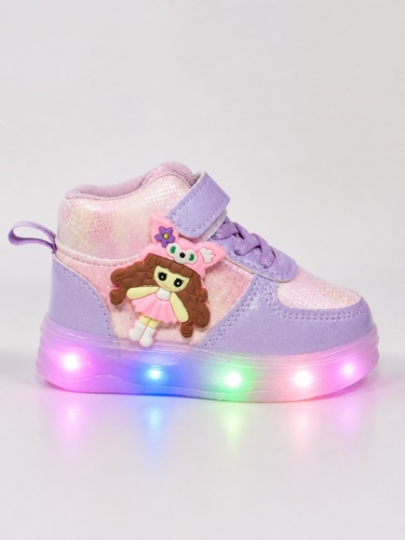 Pantofi sport inalti cu luminite, Model Papusa, Piele ecologica, Fete, Mov - Img 4