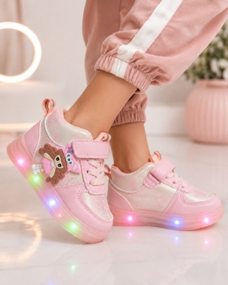 Pantofi sport inalti cu luminite, Model Papusa, Piele ecologica, Fete, Roz - Img 5