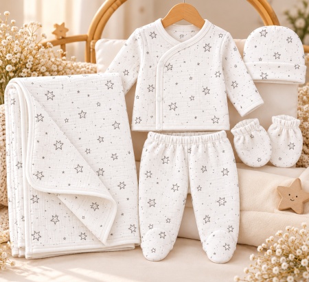 Set bebeluși din 5 piese alb cu model stelute, bumbac 100% - Img 2