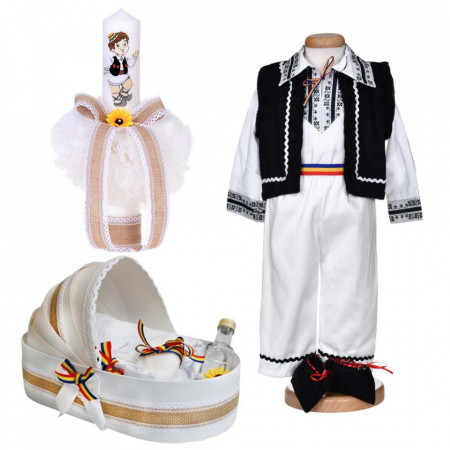 Set botez traditional baiat, trusou botez landou, lumanare si costum national, Denikos® 1041