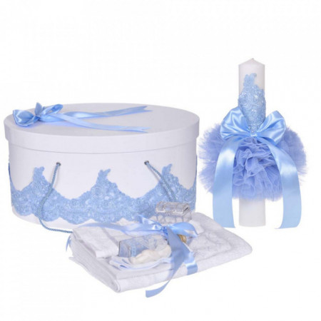 Set elegant trusou botez, cutie trusou si lumanare, decor dantela Bleu diafana, Denikos® 958