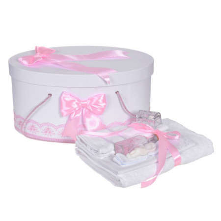 Set trusou botez, cutie trusou si lumanare iepuras pufos, dantela si fundite, decor Roz, Denikos® 890 - Img 2