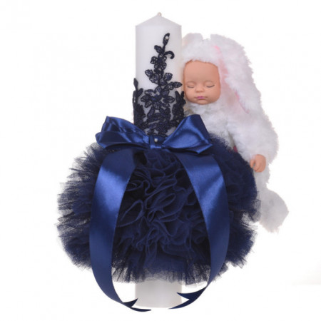 Set trusou botez, cutie trusou si lumanare iepuras pufos, dantela si fundite, decor Bleumarin, Denikos® 891 - Img 4