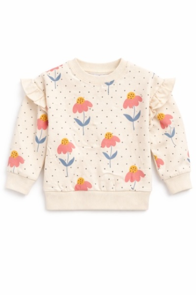Trening bebe fete 2 piese flori bluza crem volane pantaloni corai - Img 3