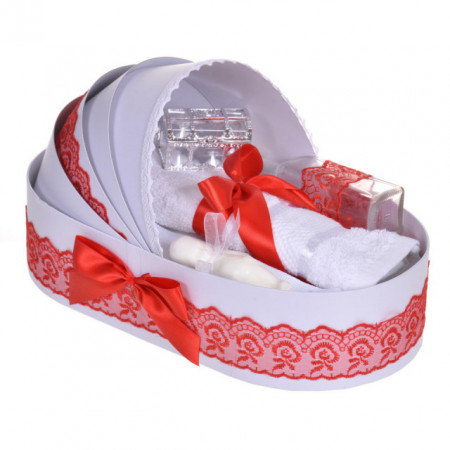 Trusou botez complet, in landou, decor dantela rosie, Denikos® 829