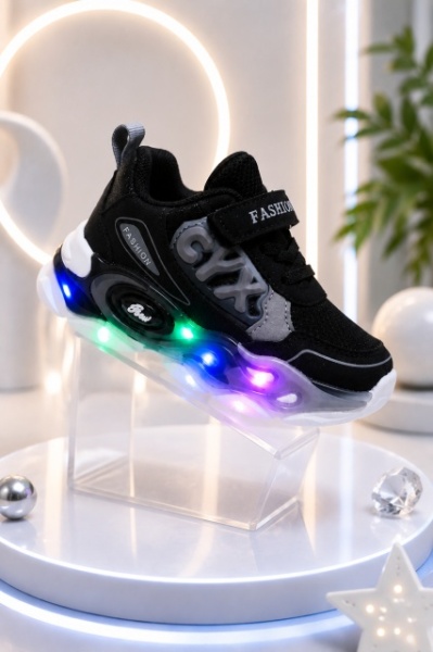 Adidasi cu lumini Led, Model Cyx, Baieti, Piele ecologica, Negru - Img 2