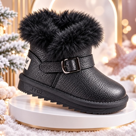 Cizme pentru fetite cu catarama, Negru sidefat, Superbaby, Model Pufy, Piele ecologica - Img 3