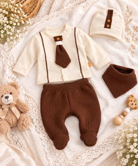Costumas bebelusi 5 piese maro si crem cu papion, bumbac 100% Superbebe Shop - Img 3