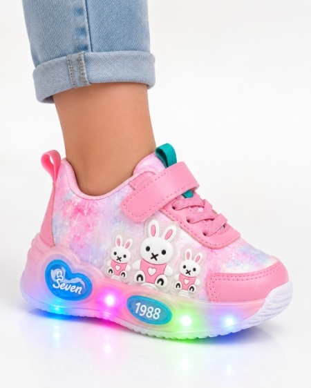 Pantofi sport cu luminite, Model Iepurasi, Piele ecologica, Fete, Roz - Img 3
