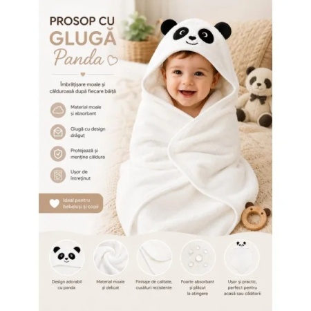 Prosop cu Glugă pentru Copii și Bebeluși Alb – Model Panda - Moale și Absorbant - Img 4