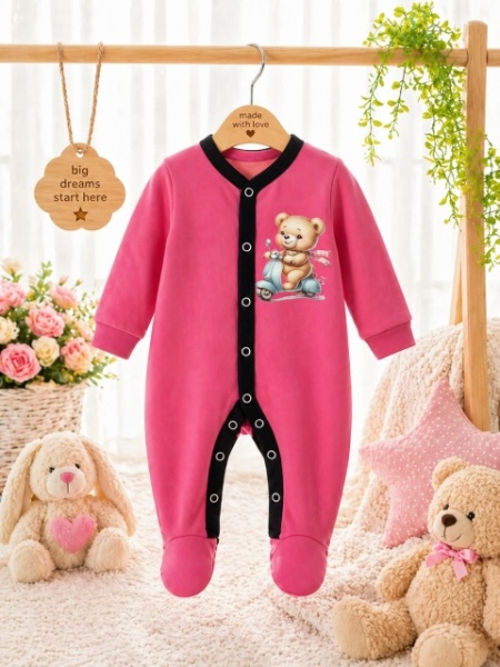 Salopeta din bumbac pentru bebelusi cu botosei, Pinky - Img 2