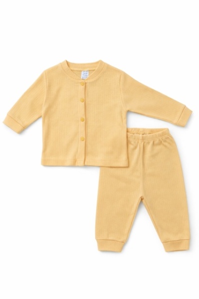 Set bebelusi 2 piese bumbac rib – Bluza cu capse si pantaloni, culoare galben - Img 2