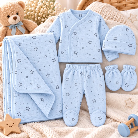 Set bebeluși 5 piese albastru cu model stelute, bumbac 100% - Img 3