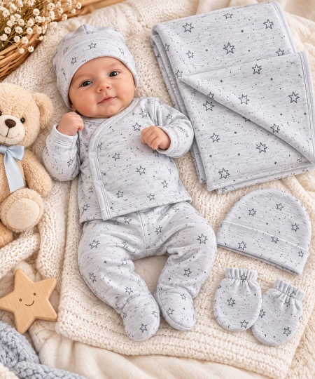 Set bebeluși 5 piese gri cu model stelute, bumbac 100% - Img 2
