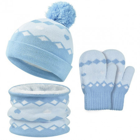 Set bleu imblanit caciulita cu fular si manusi