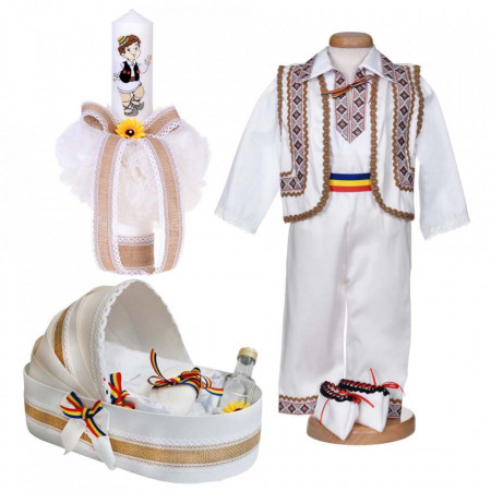 Set botez traditional baietel, trusou botez landou, lumanare si costum popular, Denikos® 1042