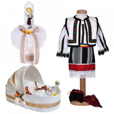 Set costum traditional fata, trusou botez landou si lumanare, decor popular, Denikos® 1054