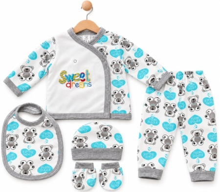 Set nou-născut băiețel 5 piese, alb cu turcoaz și gri, imprimeu ursuleți, bluză, pantaloni, căciuliță, bavetă și mănuși - Img 2