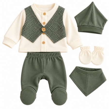 Set nou-născut băiețel 5 piese, verde kaki și crem, bluză cu vestă, pantaloni cu botoșei, căciuliță, bavetă și mănuși - Img 2