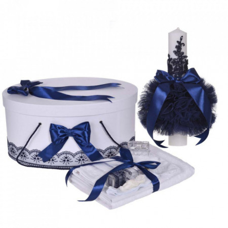 Set trusou botez, cutie trusou si lumanare, decor elegant dantela Bleumarin, Denikos® 918