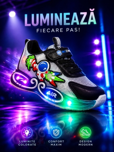 Adidasi cu lumini LED pentru baieti, Cosmonaut, Piele ecologica, Multicolor - Img 2