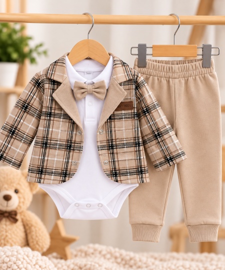 Costum bebeluși băieți 3 piese crem cu sacou în carouri, pantaloni și papion din bumbac moale, Superbebe Shop - Img 2