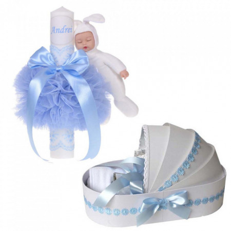 Lumanare botez cu iepuras, personalizata si trusou botez in landou, decor Bleu cu floricele, Denikos® 801