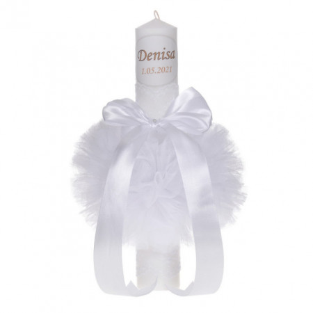 Lumanare botez personalizata, decor alb, diafan cu tul si dantela, Denikos® 728
