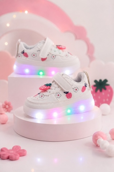Pantofi sport cu lumini LED, Model Capsunele, Piele ecologica, fete, alb - Img 3