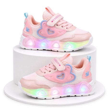 Pantofi sport cu lumini LED, Model Pink Heart, Textil, Fete, Roz - Img 3