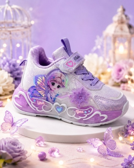 Pantofi sport cu luminite, Model cu Zana, Piele ecologica, Fete, Mov - Img 2