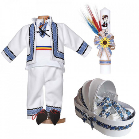 Set botez traditional baietel, trusou botez landou, lumanare si costum popular, Denikos® C9270