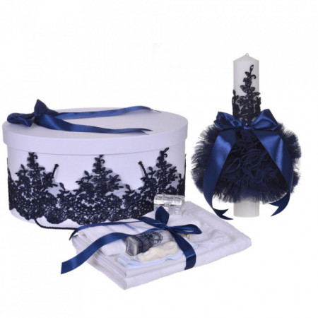 Set elegant trusou botez, cutie trusou si lumanare, decor dantela Bleumarin diafana, Denikos® 954