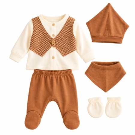 Set nou-născut băiețel 5 piese, maro și crem, bluză cu vestă, pantaloni cu botoșei, căciuliță, bavetă și mănuși - Img 2