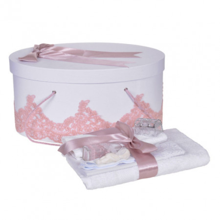 Set trusou botez si cutie trusou, dantela si fundita, decor elegant Roz pudra, Denikos® 851