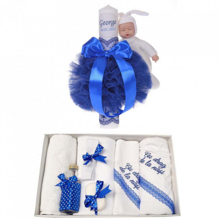 Trusou botez cu mesaj si lumanare botez personalizata, decor albastru cu iepuras, Denikos® 791