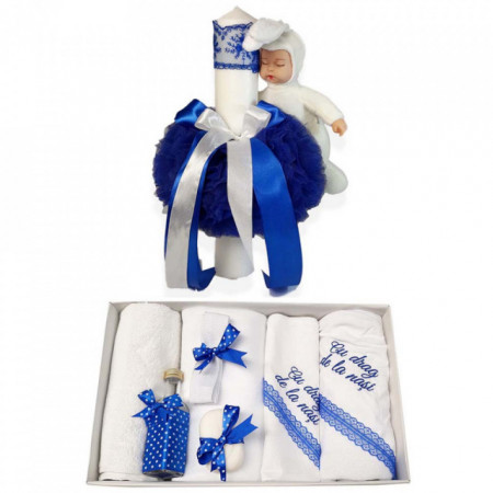 Trusou botez cu mesaj si lumanare cu iepuras, decor albastru, Denikos® 542
