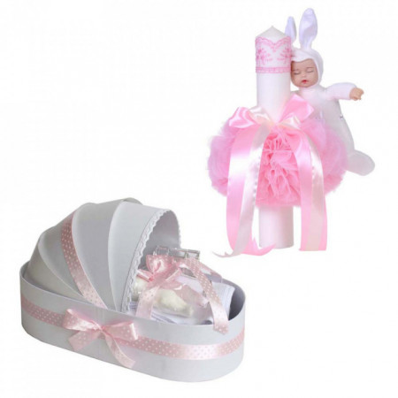 Trusou botez in landou fundita cu buline si lumanare cu iepuras, decor roz Denikos® 109