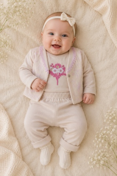 Compleu crem cu broderie, body, pantalonasi si bolero, Babyim, bumbac - Img 3